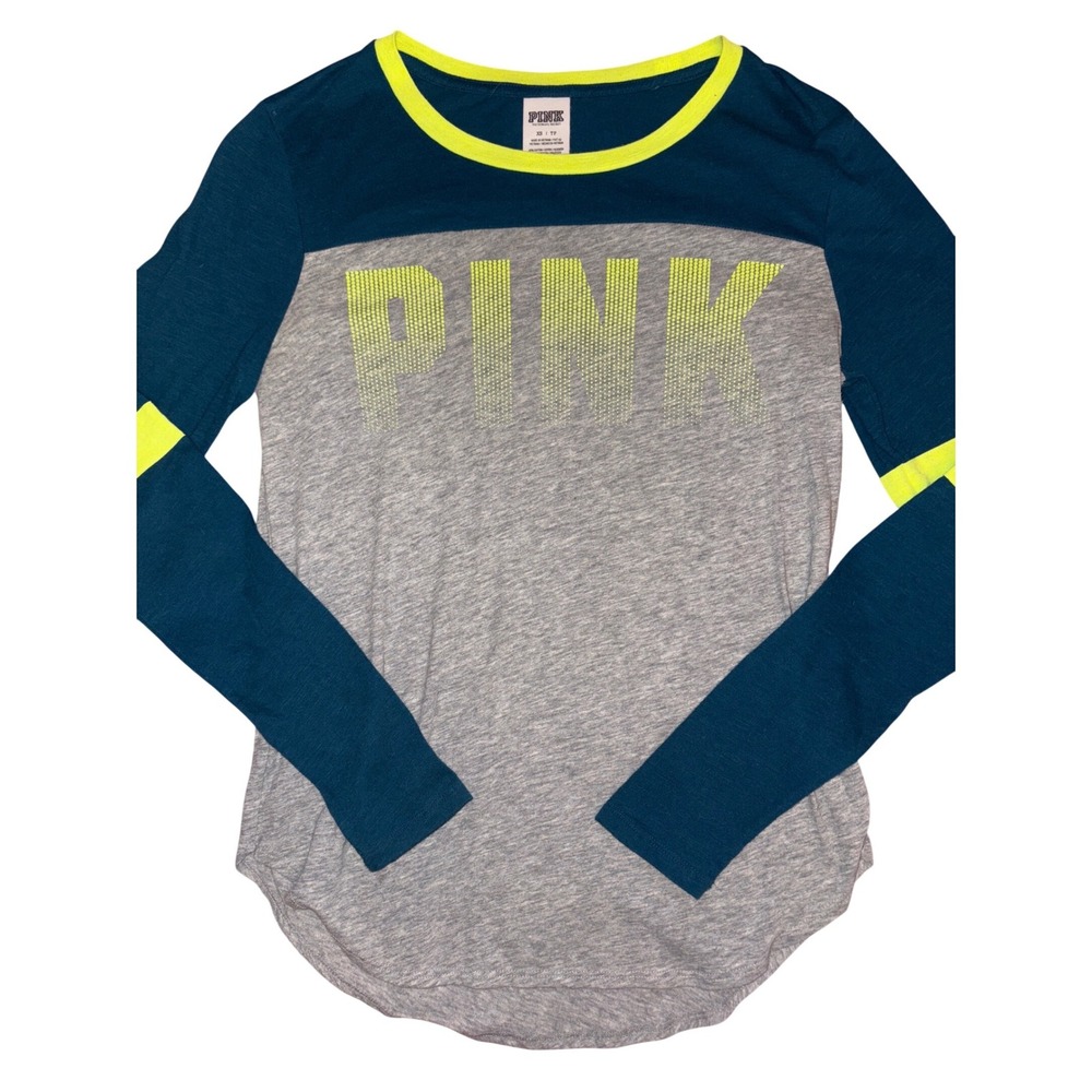 PINK Victorias Secret Womens Teal Gray Neon Longsleeve Graphic Tee Shirt Size XS